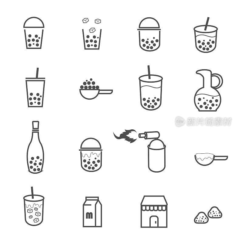 bubble tea or pearl milk tea drinking icons set illustration